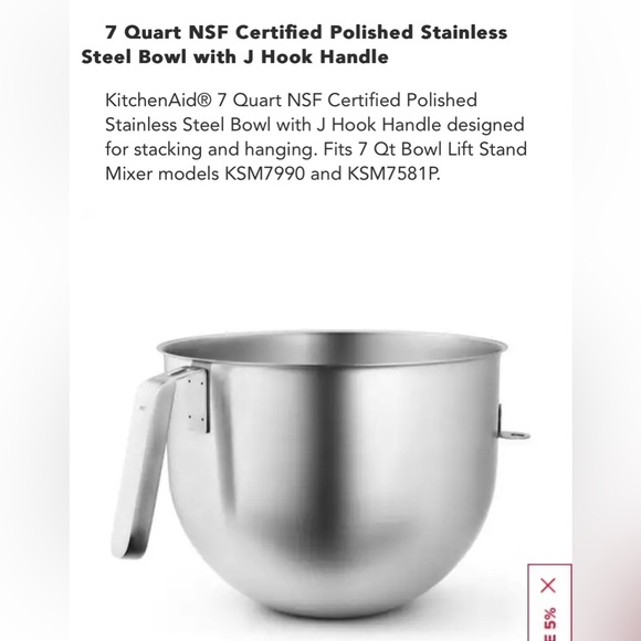 KITCHENAID 7 qt NSF Certified Stainless Steel Mixer Bowl - Picture 2 of 9